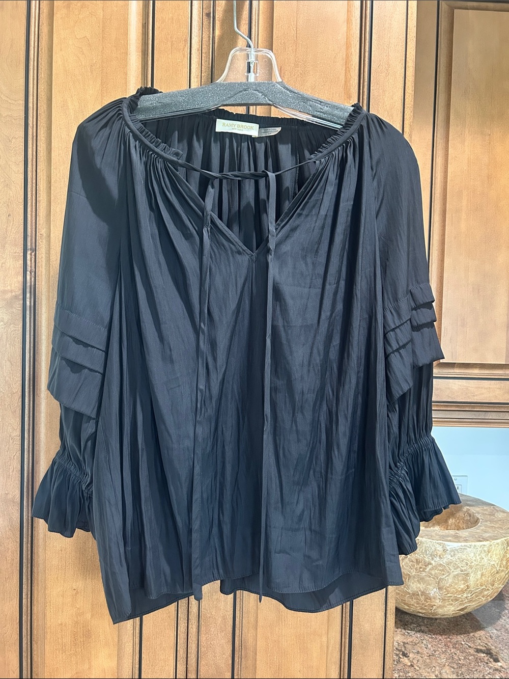 Ramy Brook Black Gathered Peasant Blouse with V-Tie